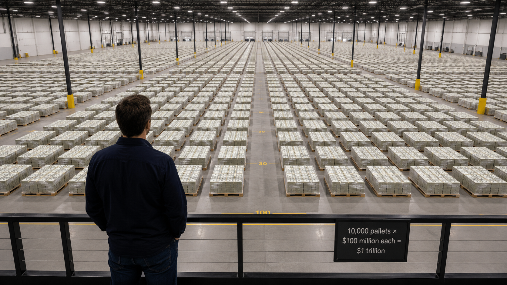 One trillion dollars in $100 bills stacked on pallets with a person for scale